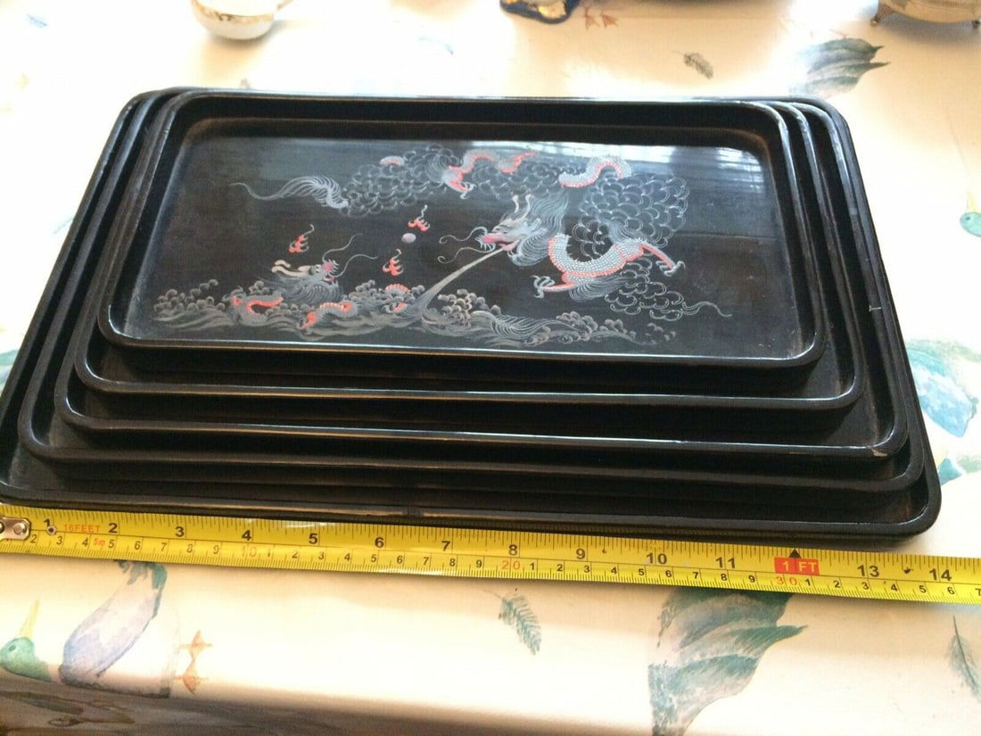 Foochow Leng Hing Lacquer Set Of 5 Trays 1920?s: Foochow Leng Hing Lacquer Set Of 5 Trays 1920?s L36cm