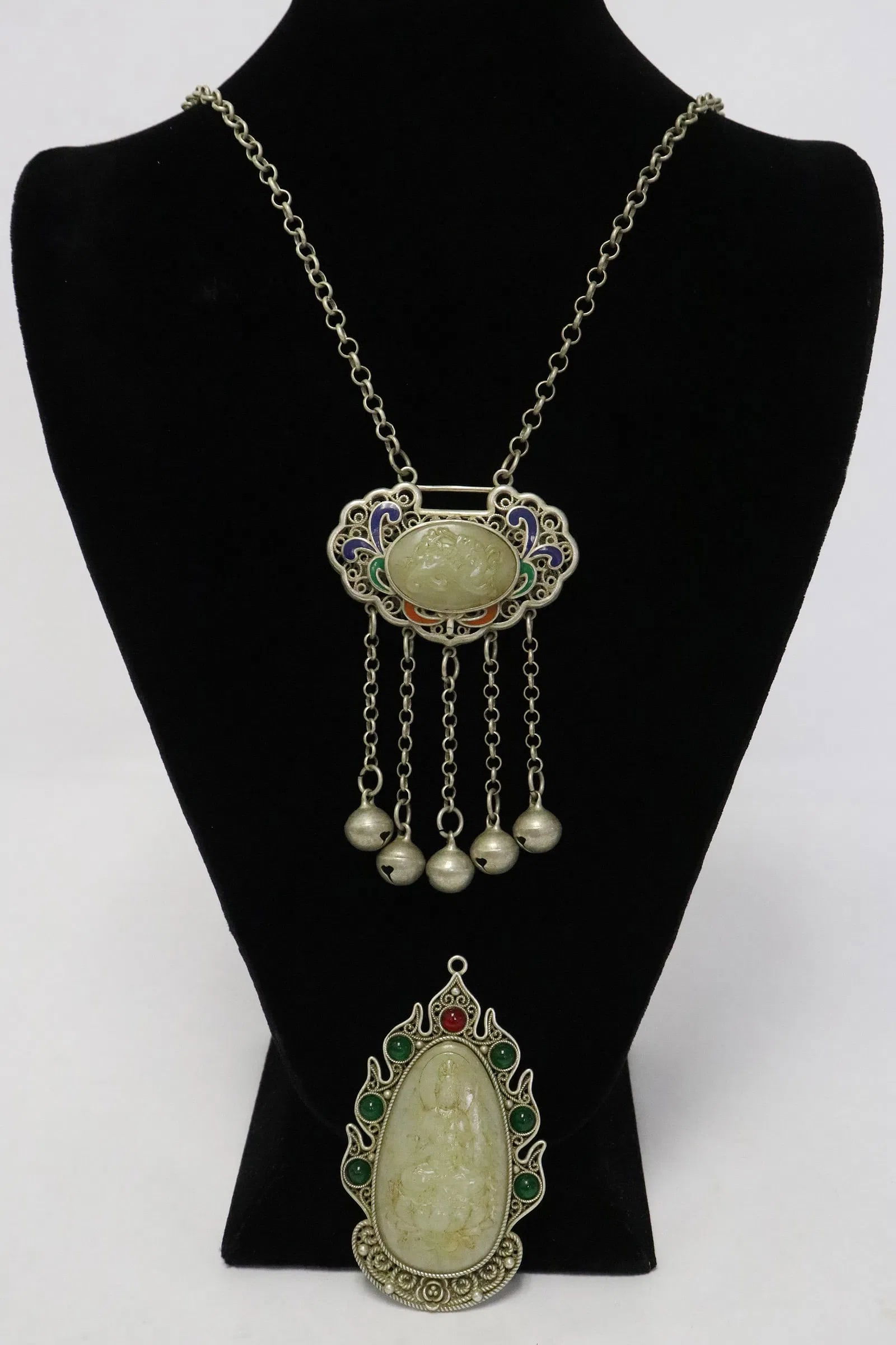 2 pendants in silver frame with jade inset, one with silver necklace (1 of 9)