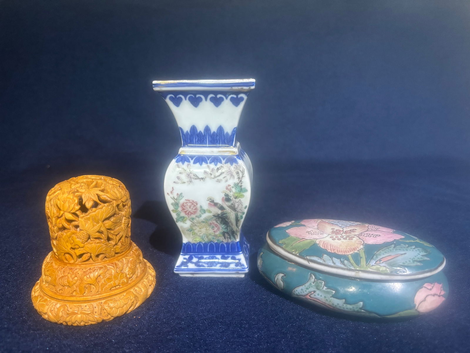 A W/B Famille Rose Vase & Box, A wood carved Senser, Vase, 5.5x3" Senser, 4x3", Box, 5x3x1.75" (1 of 7)