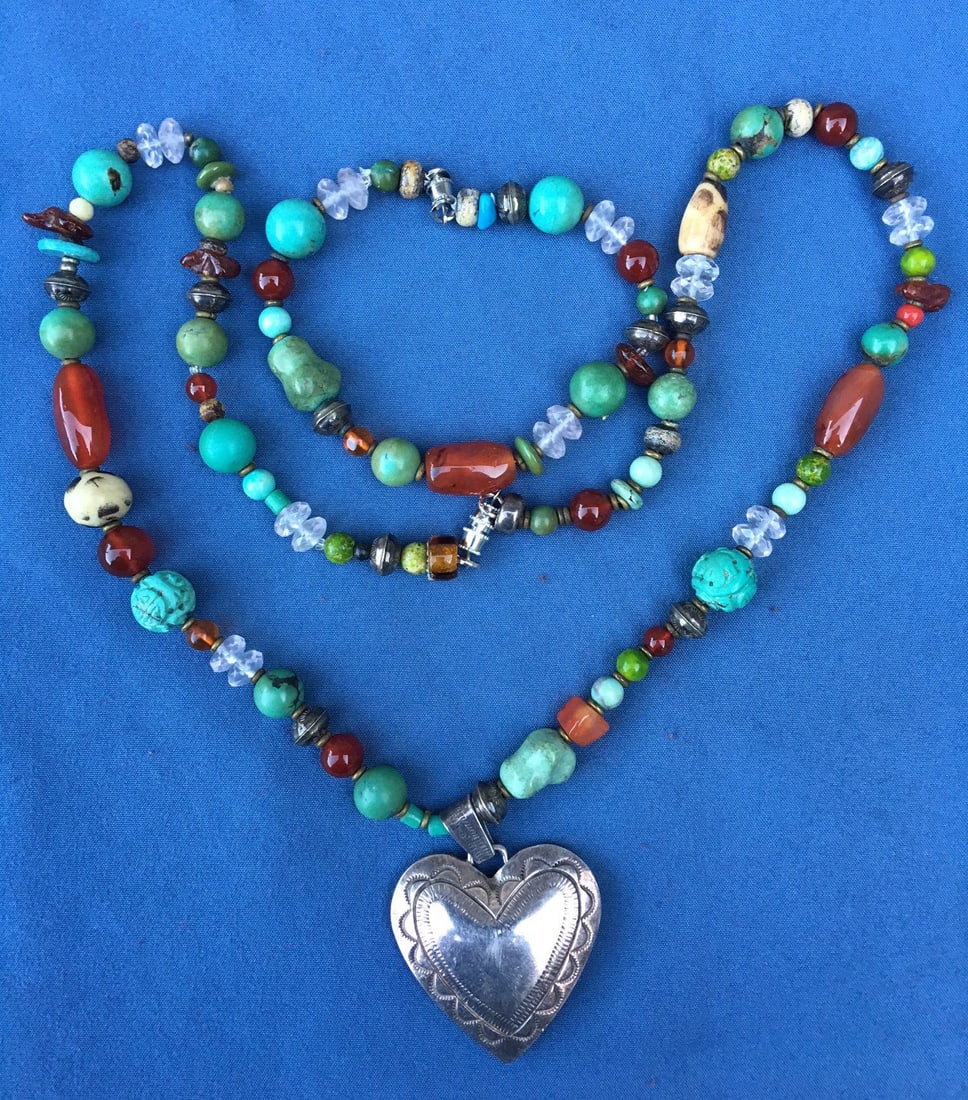 Tibetan GEM w/ silver Necklace & Bracelet in bone, turquoise, agate, pink crystal, coral., (1 of 3)