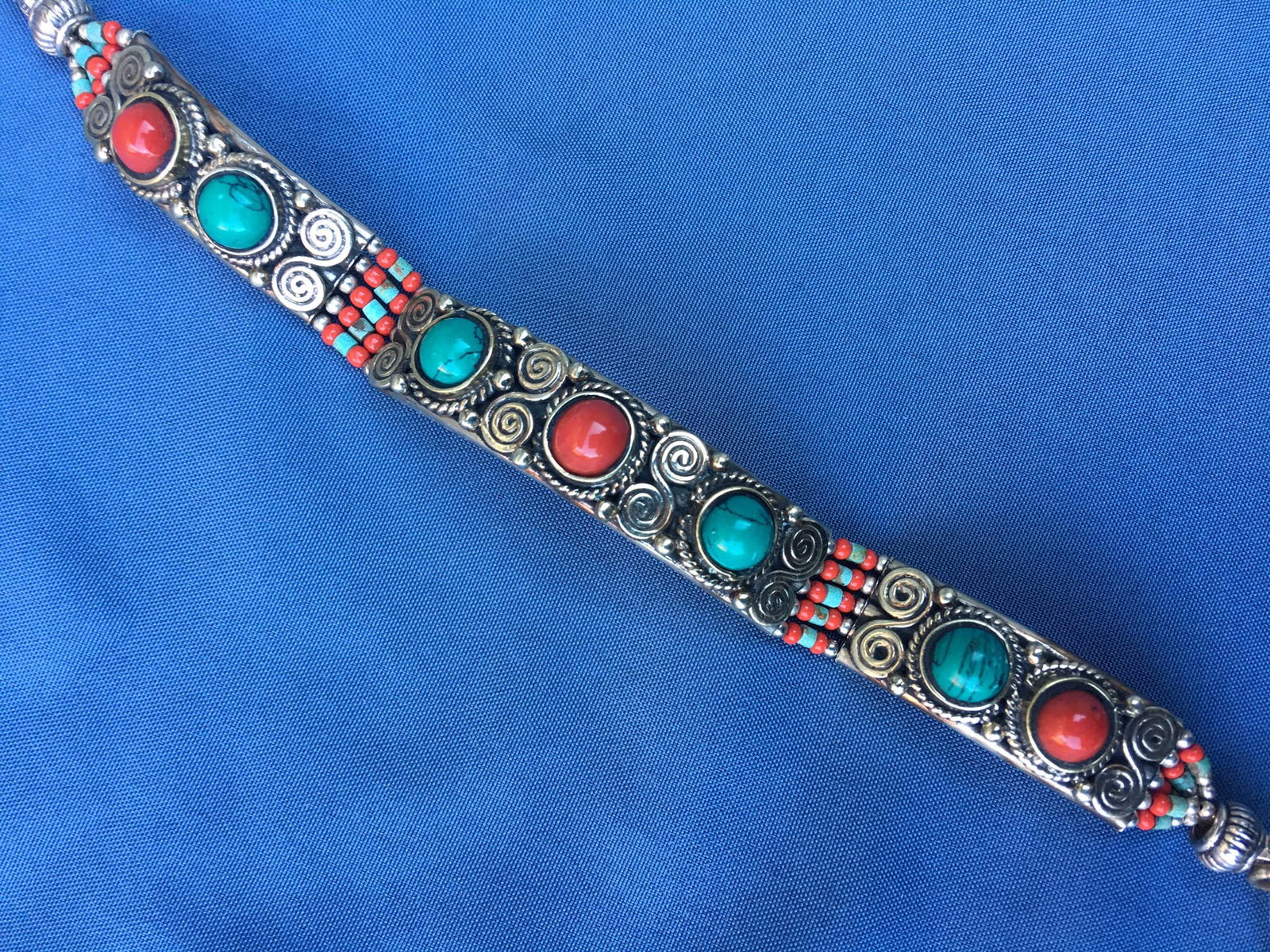 Tibetan Turquoise & Coral Silver Bracelet, L 7” (1 of 4)