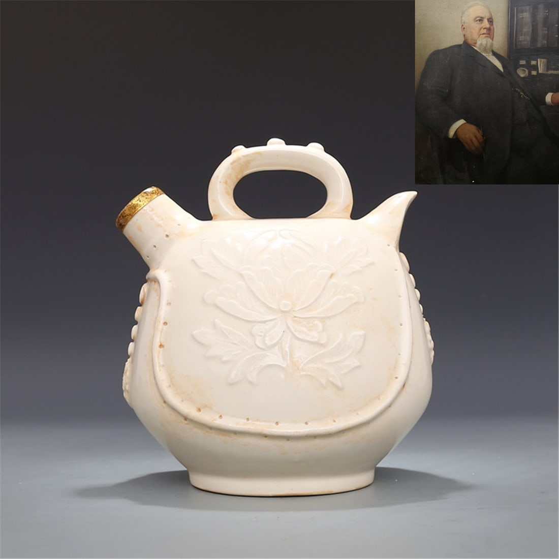 Ding kiln, Song Dynasty, moon white glaze, carved peony pattern, handle pot (1 of 8)