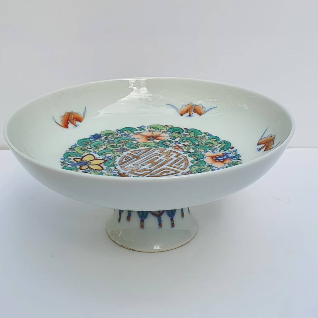 Gilded Five Blessings Surrounding Longevity Doucai Plate, Qing Dynasty, Qianlong Mark: Gilded Five Blessings Surrounding Longevity Doucai Plate, Qing Dynasty, Qianlong Mark W 16.5 cm X H7.4cm