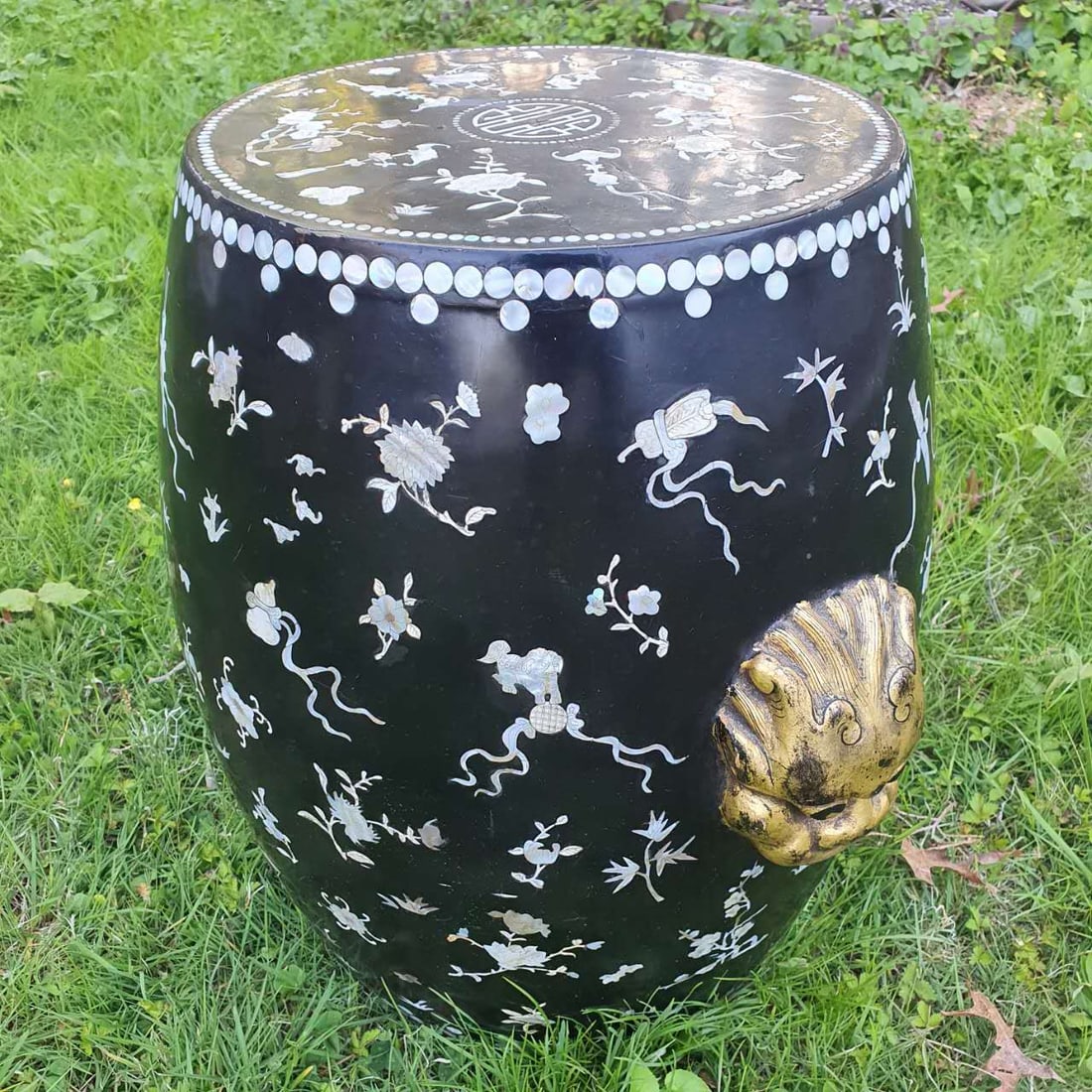 Mother-of-Pearl Inlaid Drum Stool: Mother-of-Pearl Inlaid Drum Stool