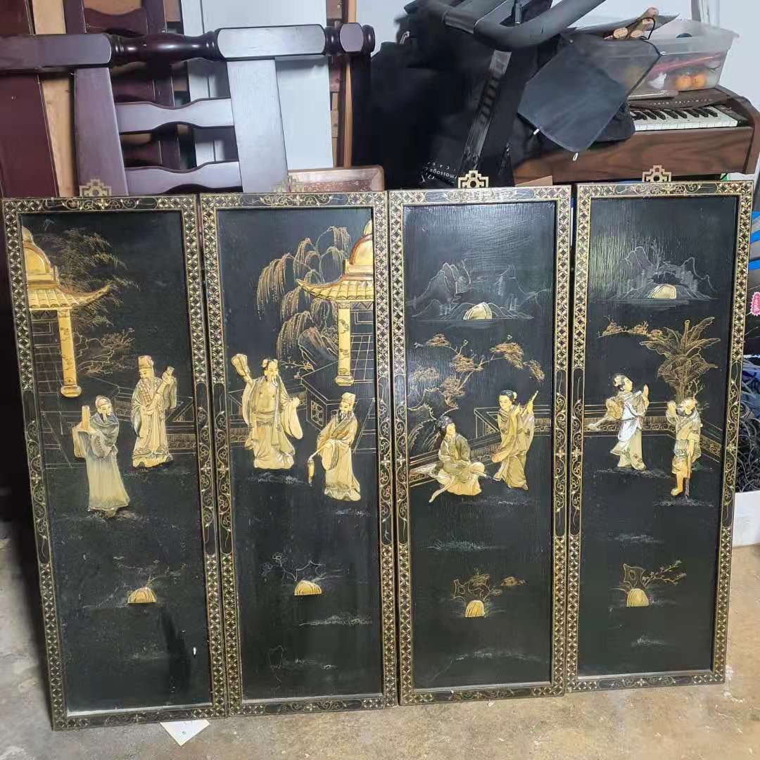 4 hanging screens featuring figures,: 4 hanging screens featuring figures,
