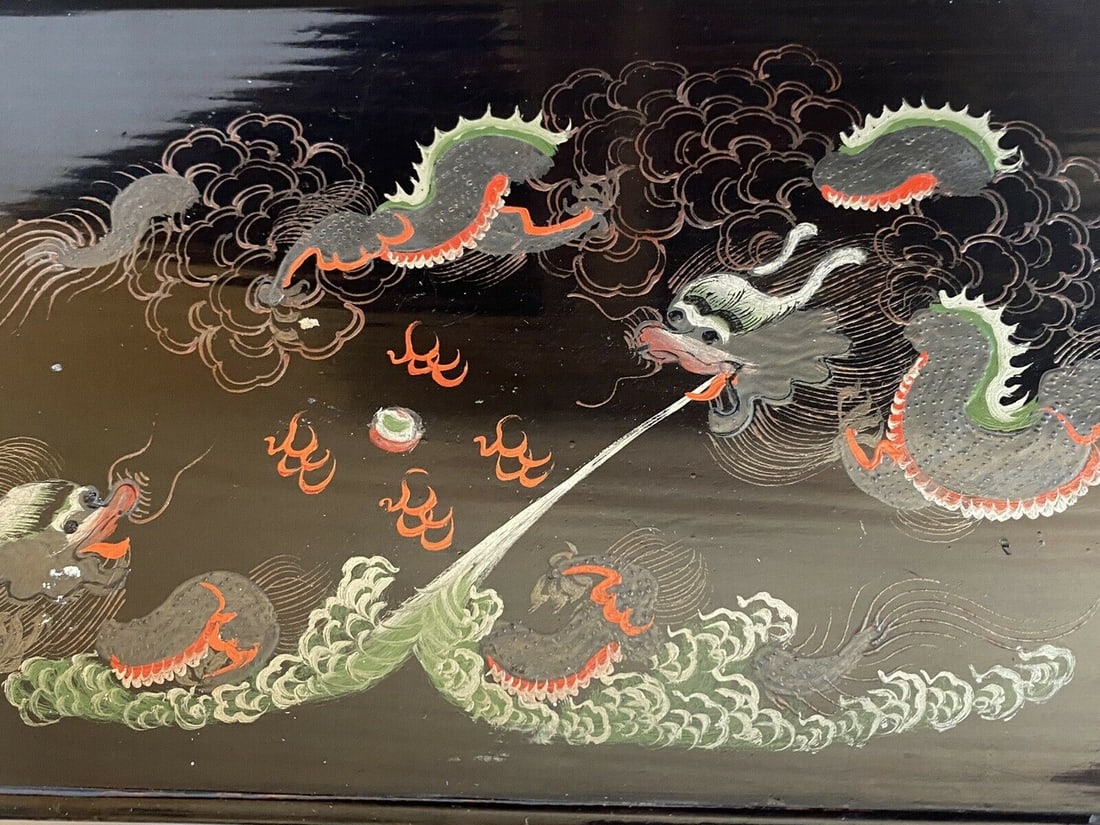 Antique Chinese black lacquer tray / plate (5) Claw Dragon Hand painted FOOCHOW 11 3/4" x 6 1/2' x (1 of 9)