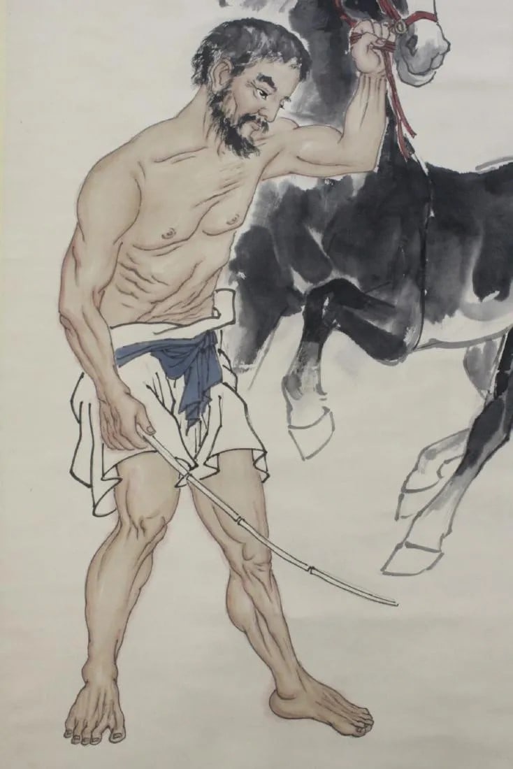 Watercolor scroll "man with horse" by Famous Chinese Painter, Beihong Xu - 8