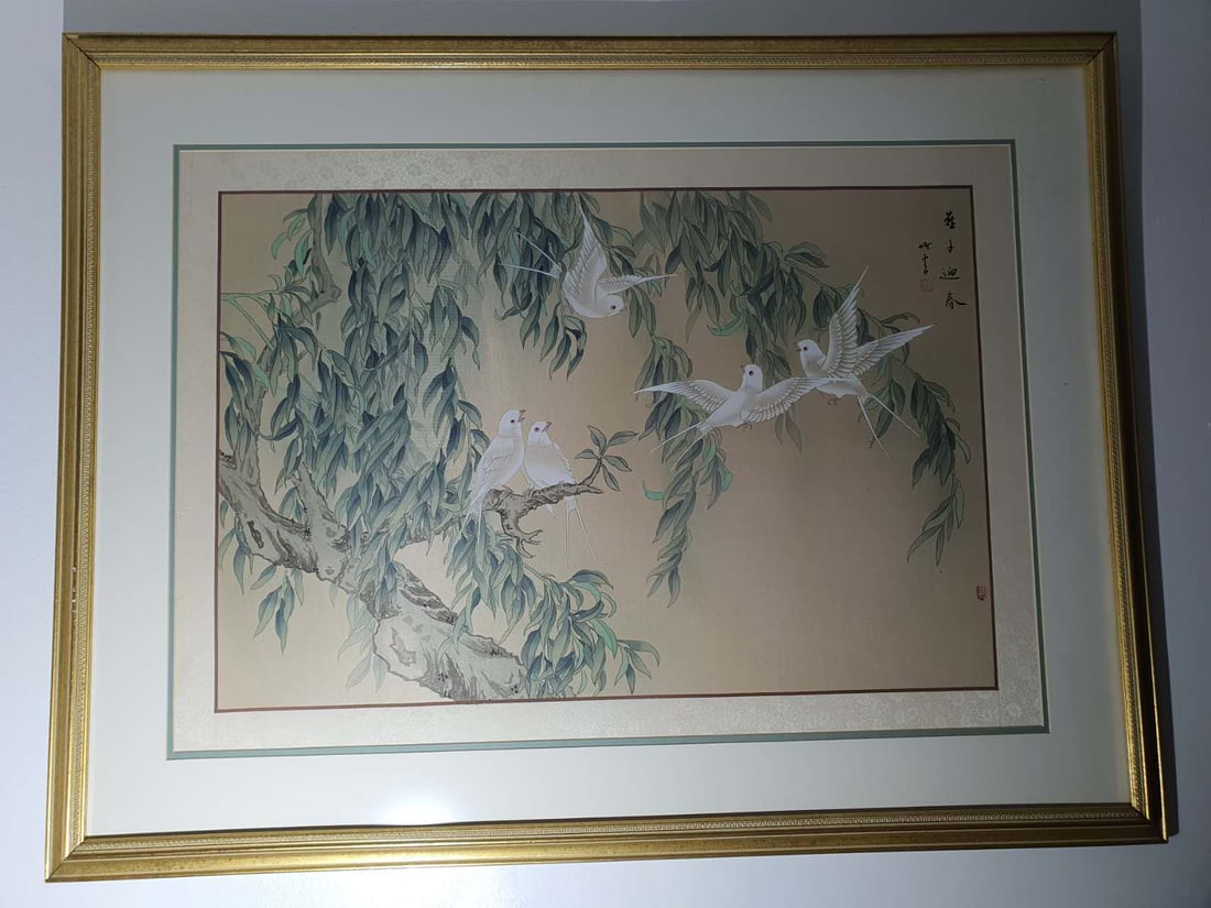 A hand-painted artwork on brocade, signed "Zhu Yun.": A hand-painted artwork on brocade, signed "Zhu Yun." 32in X42in