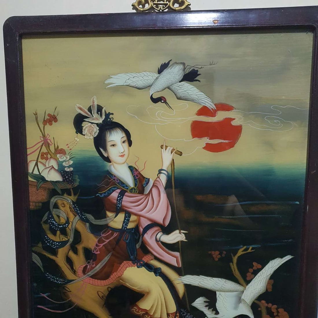 Late Qing Dynasty reverse glass painting: Depiction of a Female Immortal.: Late Qing Dynasty reverse glass painting: Depiction of a Female Immortal.