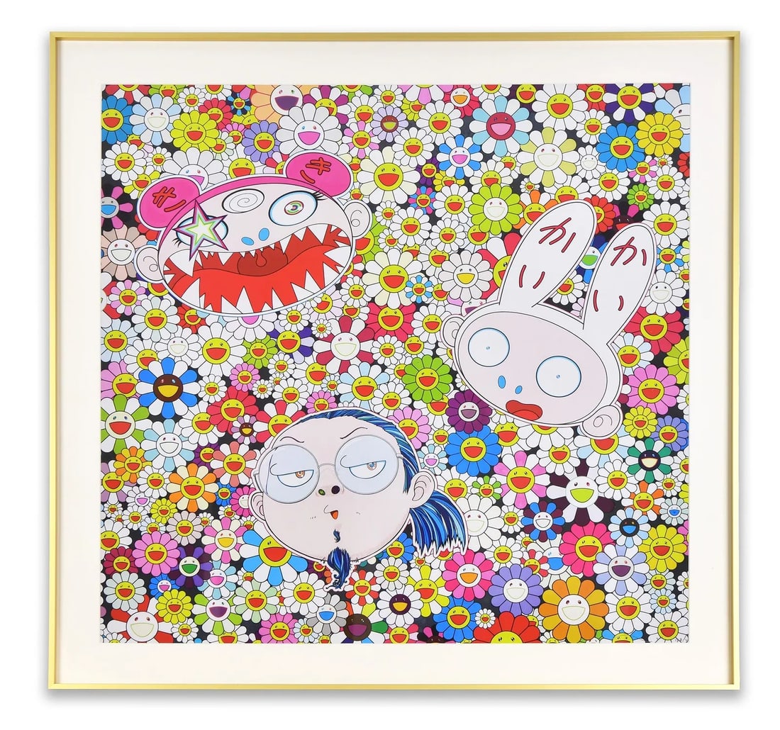 TAKASHI MURAKAMI (B. 1962), SUPERFLAT FLOWER FIELD WITH CHARACTERS, DECORATIVE PRINT AFTER THE: TAKASHI MURAKAMI (B. 1962), SUPERFLAT FLOWER FIELD WITH CHARACTERS, DECORATIVE PRINT AFTER THE ORIGINAL ARTWORK Dimensions: Framed dimensions appro x imately: 70 x 70 cm. All measurements are appro x 