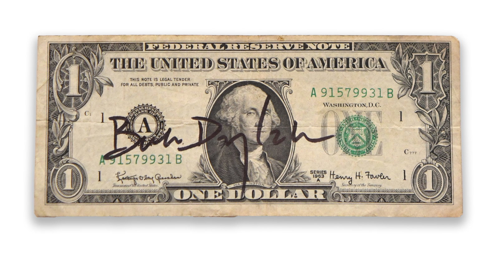 BOB DYLAN - SIGNED 1963 UNITED STATES ONE-DOLLAR FEDERAL RESERVE NOTE: BOB DYLAN - SIGNED 1963 UNITED STATES ONE-DOLLAR FEDERAL RESERVE NOTE Provenance and Authenticity: This item is presented as a 1963 Series A United States one-dollar Federal Reserve note bearing a bol