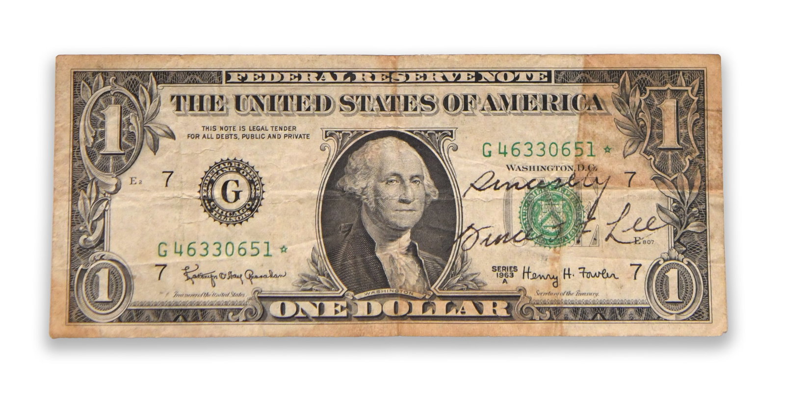 BRUCE LEE (1940-1973), SIGNED 1963 UNITED STATES ONE DOLLAR FEDERAL RESERVE NOTE (1 of 2)