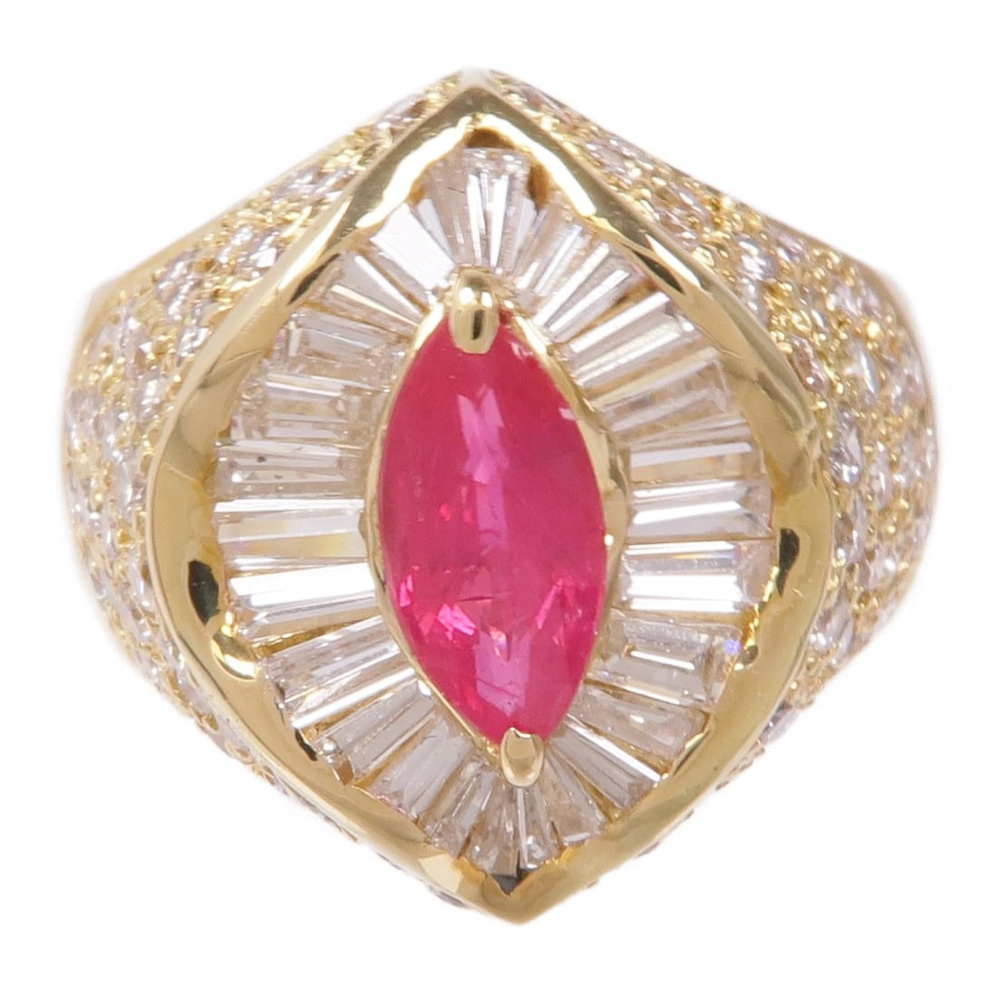 RUBY AND DIAMOND COCKTAIL RING WITH MARQUISE-CUT CENTER STONE AND BAGUETTE DIAMOND HALO (20TH: RUBY AND DIAMOND COCKTAIL RING WITH MARQUISE-CUT CENTER STONE AND BAGUETTE DIAMOND HALO (20TH CENTURY) Provenance and Authenticity: This striking cocktail ring showcases a vivid marquise-cut ruby as i