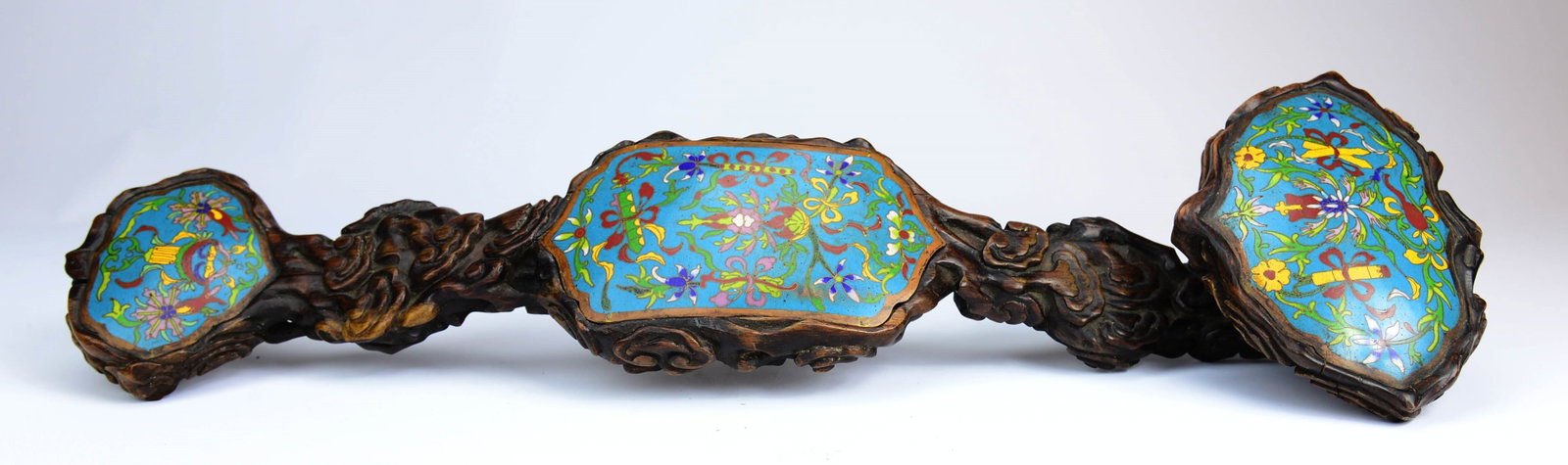 A Rosewood RU YI w/ cloisonne of 8 treasures Pattern: A Rosewood RU YI w/ cloisonne of 8 treasures Pattern, the rose wood carved in clouds, L 16.5”