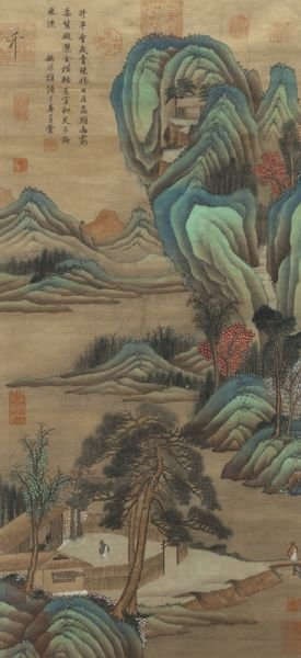 Chinese Watercolor on Silk: Chinese Watercolor on Silk Painted in a landscape. Size: 42"H x 19.5"W, Signed by Yao Zhu-ya, Sealed with San Xi Tang and Qian Long
