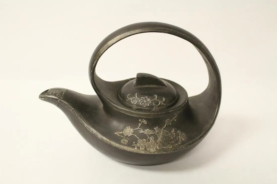 A Yixing teapot w/ mental decoration, signed by Wang, Yinxian (1 of 11)