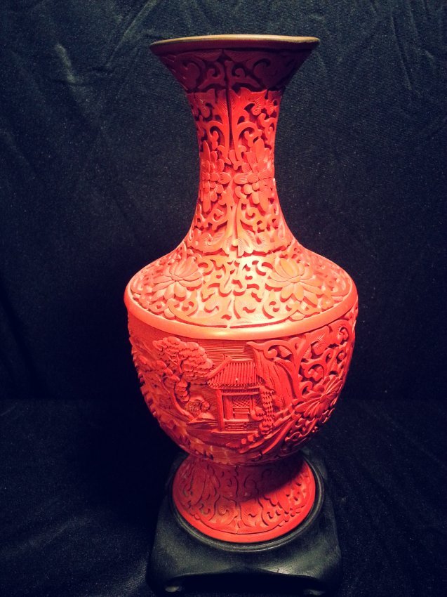 Chinese carved cinnabar lacquered vase (1 of 3)
