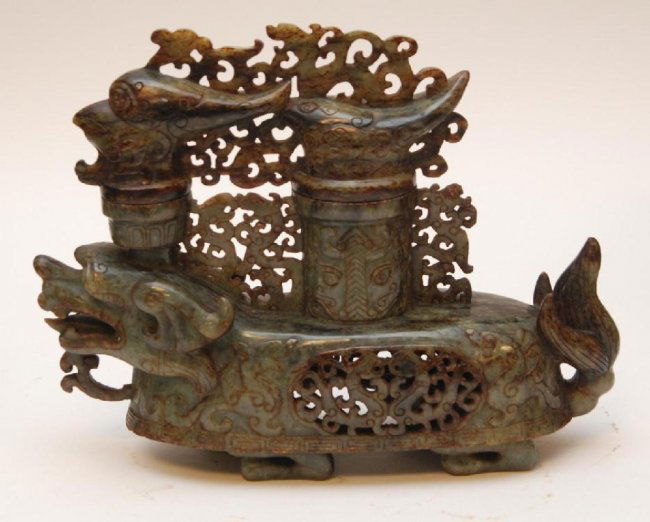 CHINESE CARVED GREEN JADE MYTHICAL BEAST VESSEL (1 of 3)