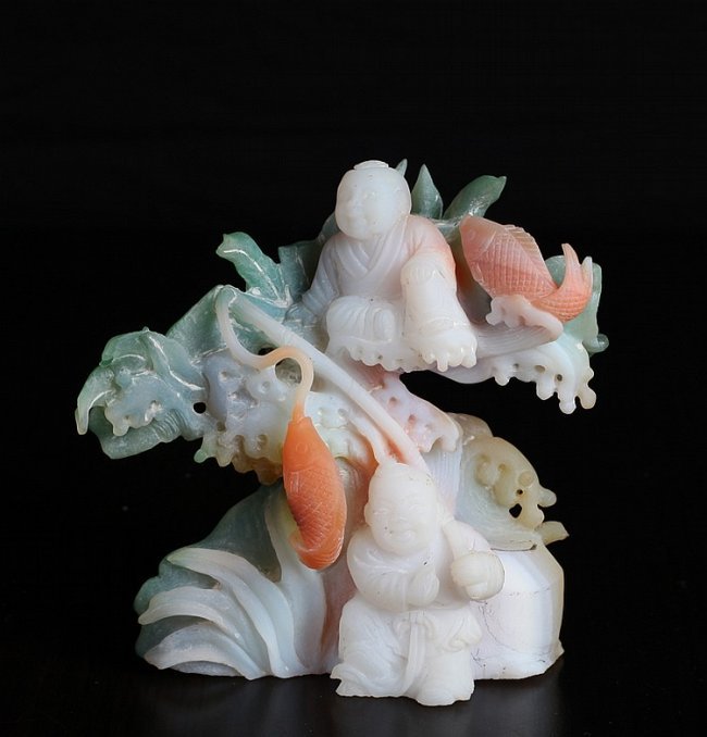 Chinese alabaster craving: Tri-color depicting two boys with caught fish and tree. 4.25" H x 4.125" W