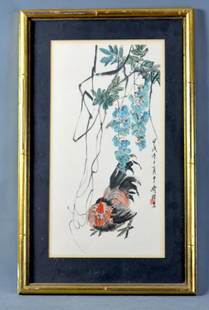 A Chinese Painting of a Cock by Qi Bai Shi, Qing: A colored Chinese painting of a Cock. This a Chinese traditional painting painted by Qi Bai Shi(1864 1.1 ï¼ 1957 9.16),a famous Chinese painter who mastered in Chinese Ink painting.H:17" W:9"