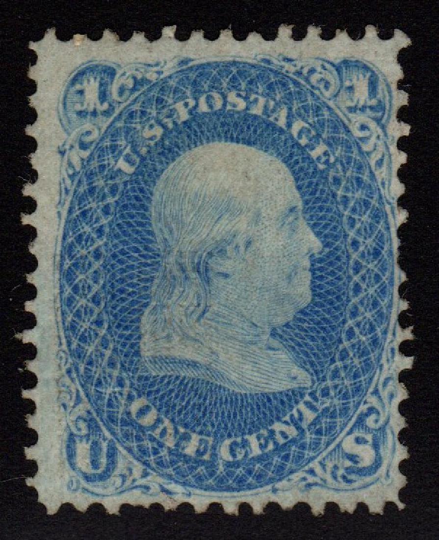 United States Scott 92 Fine+ OG H SCV.$3000: 1¢ blue Franklin, Scott 92, Unused with Fine+ centering for this, previously hinged original gum. A few toned perfs. Delightful stamp. 2017 SCV.$3000