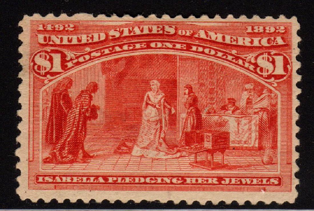United States Scott 241 Fine OG H $1 Columbian: $1 value Columbian, 1893 issue, Scott 241, Unused with Fine centering, bright color with original gum. Previously hinged with a hinge remnant. Pencil mark on gum. Couple of very tiny thins, inclusion 