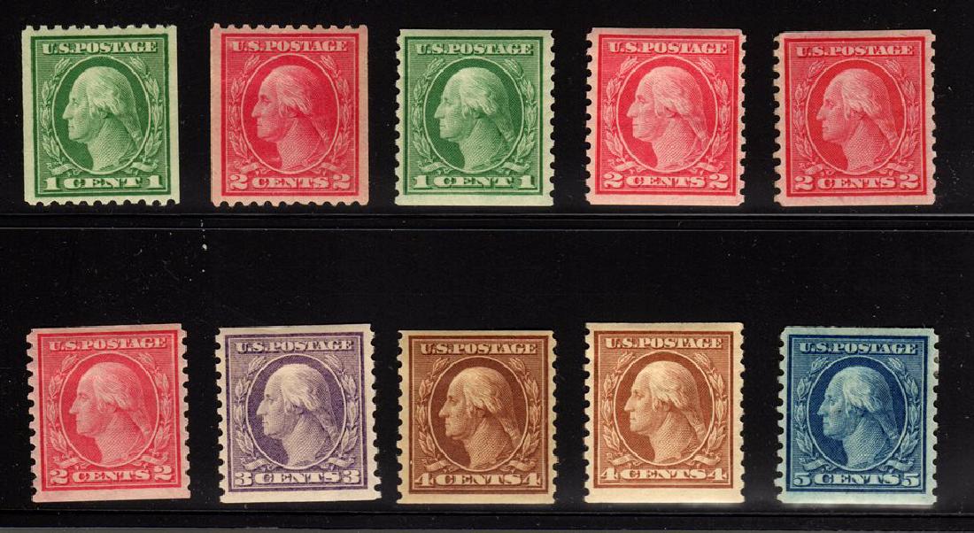 United States Scott 448-458 less 449 F-VF+ OG LH/H: 1915 Rotary press coil singles, Scott 448-458 less 449, Unused with F-VF centering (several VF), lightly hinge to previously hinged original gum. Several have pencil marks of gum incl. Scott 456 with 