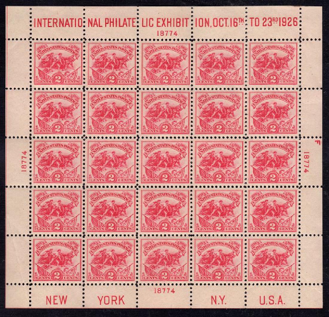 United States Scott 630 VF OG LH White Plains SCV.$350: 2¢ carmine rose White Plains sheet of 25, Scott 630, Unused with VF centering, lightly hinged original gum, no perf seps, natural gum crease in margin. 2017 SCV.$350