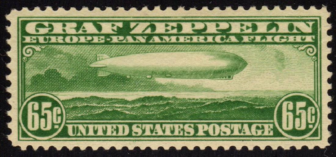 United States Scott C13 XF OG LH Graf Zeppelin SCV.$190: 65¢ green Graf Zeppelin, Scott C13, Unused with XF centering, a couple LH marks on original gum. 2017 SCV.$190