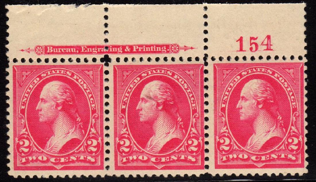 United States Scott 252 p#strip of 3 F-VF OG NH: 2¢ type III, p#strip of 3, Impt.TV., Scott 252, Unused with F-VF centering, full never hinged original gum. Light inclusion in center stamp and very minor internal natural crease in left stamp mentio