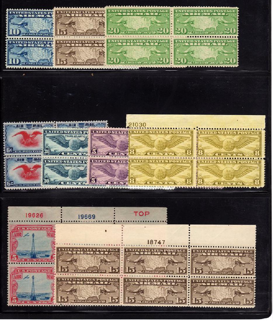 United States NH Airmail Selection Single thru Plate: Very useful lot of singles, line pairs, blocks of 4 and plate blocks on a stockpage. All but the C11 plate block are never hinged. Centering is generally F-VF or better. Much of use for the airmail co