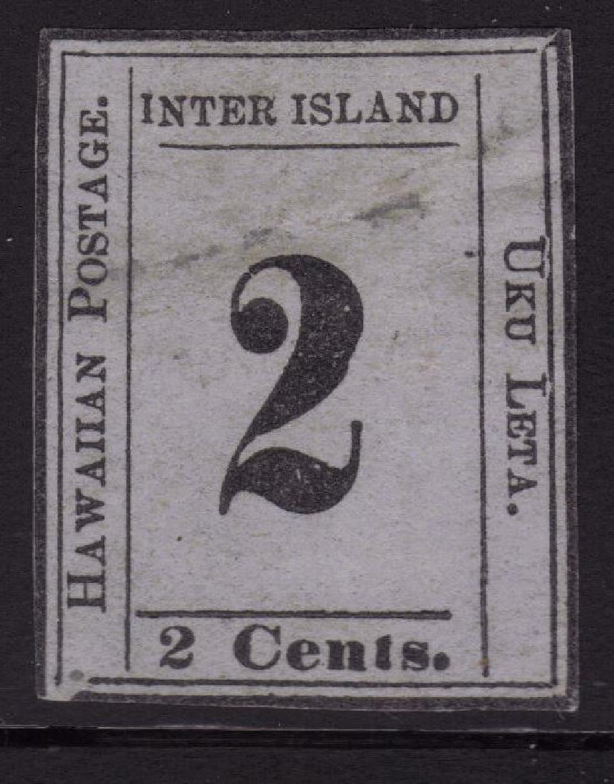 Hawaii Scott 18 Fine Unused SCV.$3500: 1863 Two Cent value on Blue Gray paper, Scott 18, Unused with Fine centering, unused with no gum and genuine as mentioned in a 2015 APEX certificate. We also not a diagonal crease that is not mentione