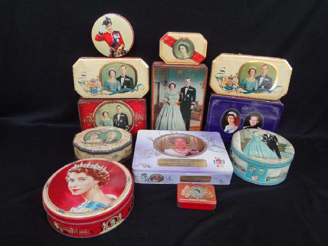 (12) Queen Elizabeth II Coronation Tins: (12) Queen Elizabeth II Coronation Tins: Great group of tins commemorating Queen Elizabeth II. Companies include: Oxo, Huntley and Palmers M.A. Craven, Henry Thomas, Edward Sharp and others.