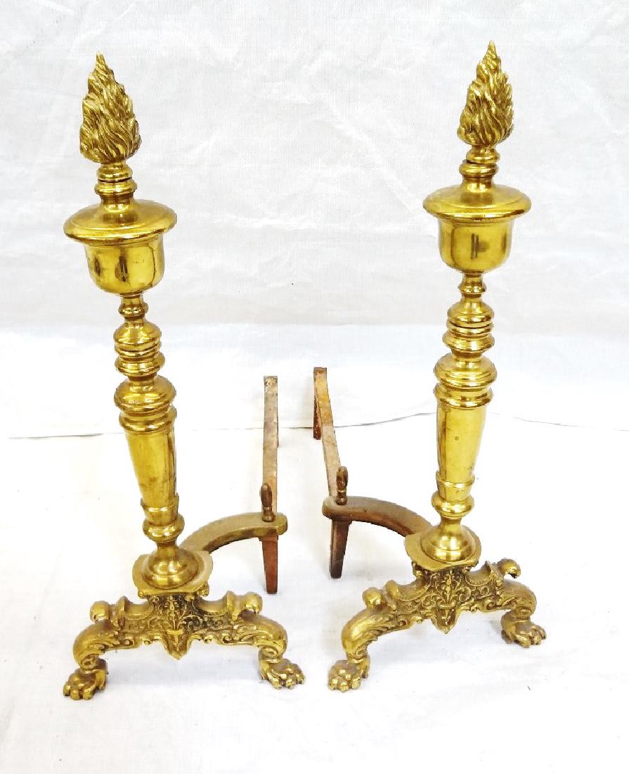 Brass Fireplace Andirons Flame Finial Top (1 of 4)