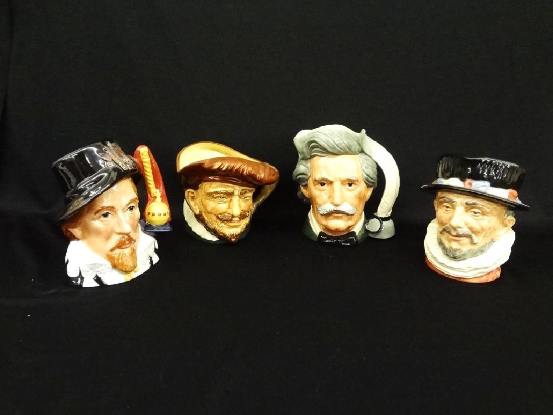 (4) Royal Doulton Character Mugs: Drake, Mark Twain,: (4) Royal Doulton Character Mugs: Drake, Mark Twain, Beefeater, One other: Great group of 4 character mugs including: King James I D7181 Whitley Collection, Drake, Mark Twain D6654, and Beefeater D620