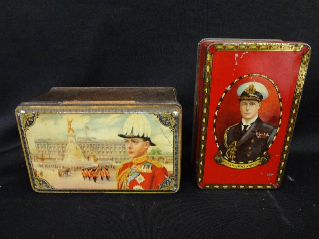(2) Biscuit Tins Commemorating King Edward VIII: (2) Biscuit Tins Commemorating King Edward VIII: (1) Henry Thomas and Co. Toffee Tin 5.5 x 3 x 1.75. (1) tall tin 5.5 x 3.5 x 2.75.
