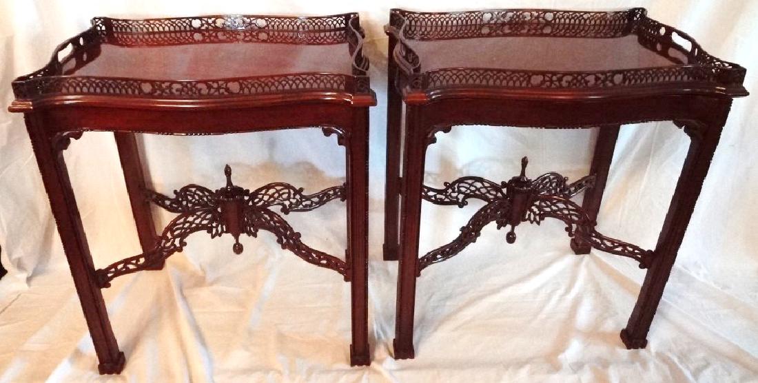 (2) Chinese Chippendale Style Pierced Carved Mahogany: (2) Chinese Chippendale Style Pierced Carved Mahogany Tea Tables: Great pair of rectangular Chippendale Chinese Style tea tables. One table has removable tea tray. Great pierce carving top and cross h