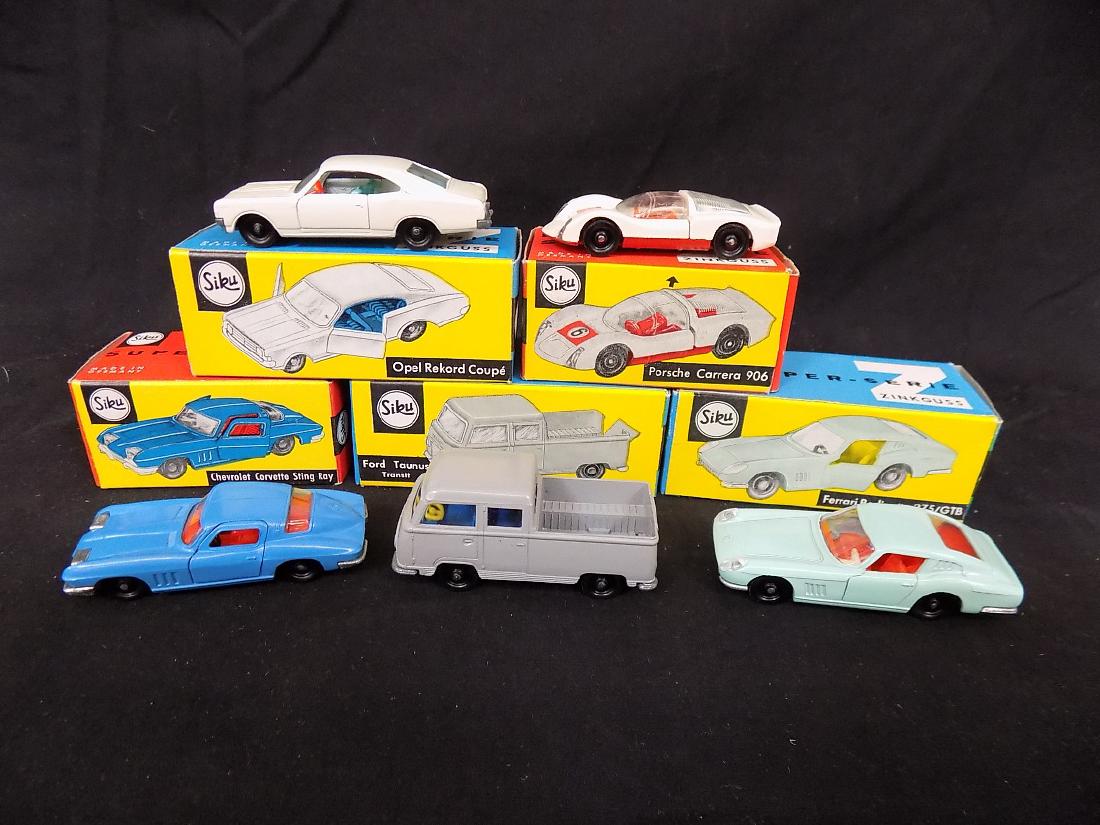 Siku NIB Car Lot (5) v271 Opel Rekord, v285 Porsche,: Siku NIB Car Lot (5) v271 Opel Rekord, v285 Porsche, v282 Corvette, v251 Taunus, v269 Ferrari All in original Boxes