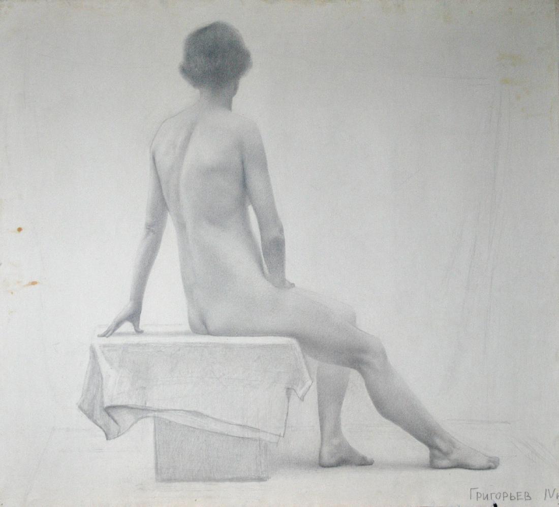 Vitally Grigoryev (Russian, b. 1957) 1982 NUDE Drawing: Vitally Grigoryev (Russian, b. 1957) Title: Nu-2 Year: 1982 Medium: Drawing Image Size: 20 ½” x 23” (52 cm x 58.5 cm) Marking: Signed lover right (Cyrillic) Part of a private collection of Vitall