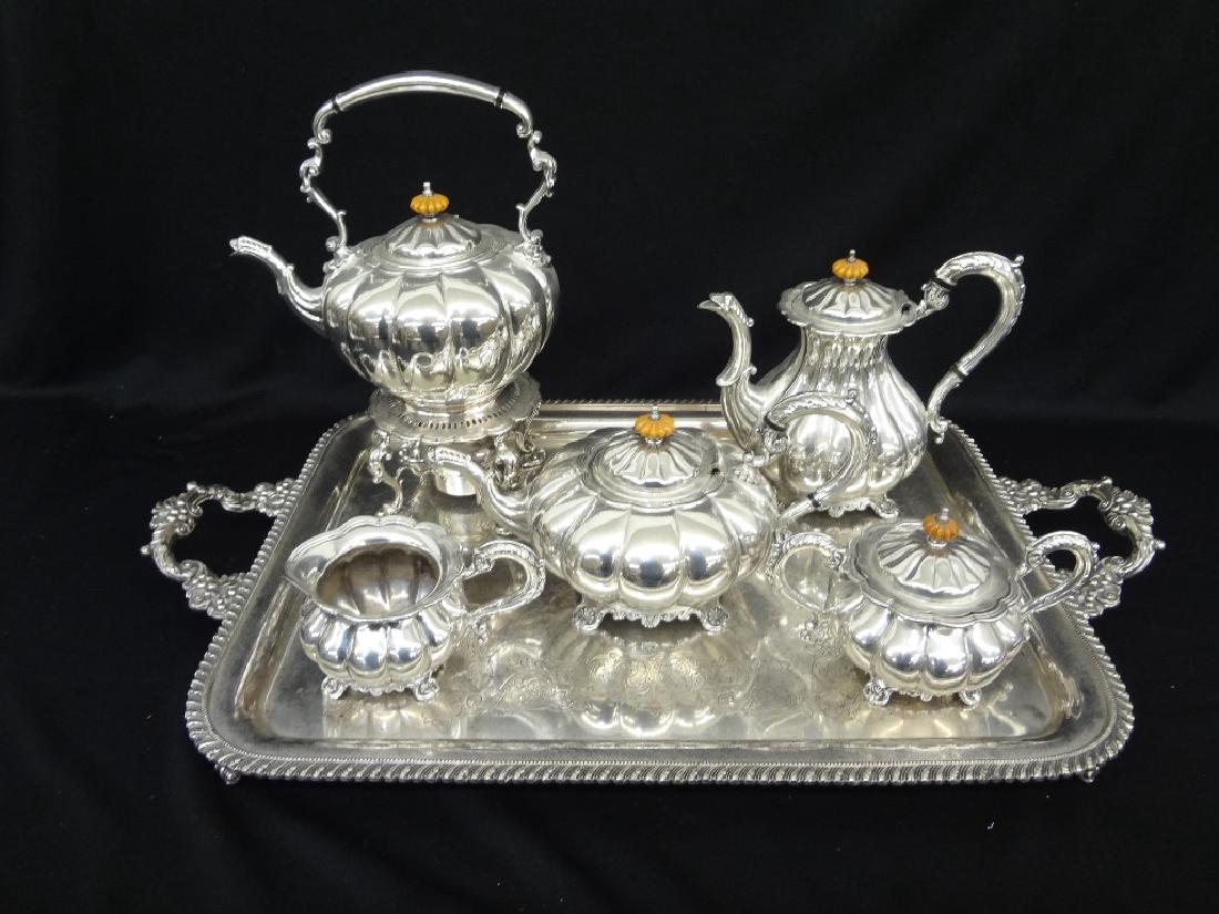 Sheffield Style Tea Set with Serving Tray: Coffee, Tilt: Sheffield Style Tea Set with Serving Tray: Coffee, Tilt Pot, Creamer, Sugar, Tea Pot: Lovely set with the stamped marks include crossed keys, a crowned leopard’s head, and a rampant lion. The crosse