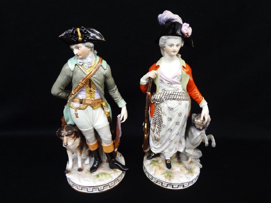 Meissen Pair Man and Woman Hunters Attribited to Jacob: Meissen Pair Man and Woman Hunters Attribited to Jacob Ungerer: Gorgeous early 19th century Meissen figures. Stand 9.5" tall. Males rifle has broken off the top. No other condition issues.