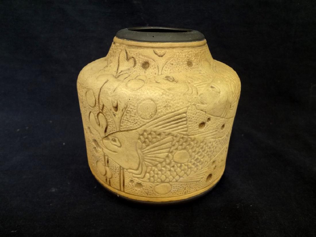 Weller Pottery Burntwood Vase with Fish 5.5 inches tall (1 of 5)