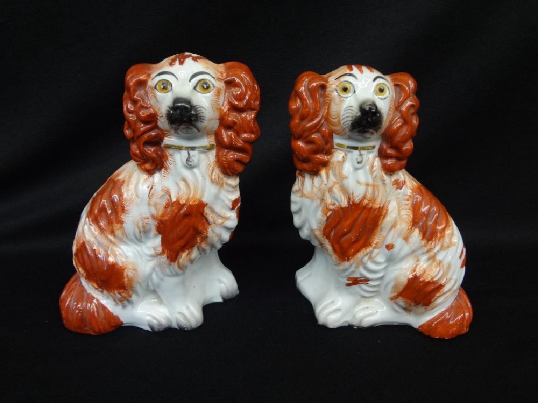 Pair Staffordshire Spaniels 19th Century Russet and: Pair Staffordshire Spaniels 19th Century Russet and White Separated legs, Collar and Locket: A great pair of Staffordshire Spaniels with collar, locket and separated legs seated in Russet and White. L