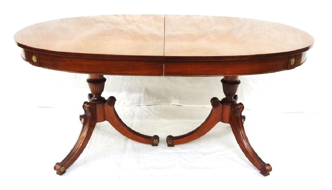 Duncan Phyfe Style Double Pedestal Dining Table (3): Duncan Phyfe Style Double Pedestal Dining Table (3) Leaves: Great Duncan Phyfe Style Double Pedestal Table. Corinthian Style Columns brass escutcheons discs on each foot and 4 on lower ledge of table