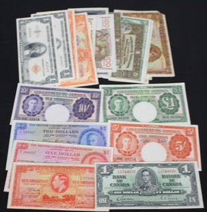 General Foreign Currency Lot (39): Useful lot of (39) pieces of general foreign currency incl. several British notes, one to the £ value. Generally fresh and useful. Suggested bid $100