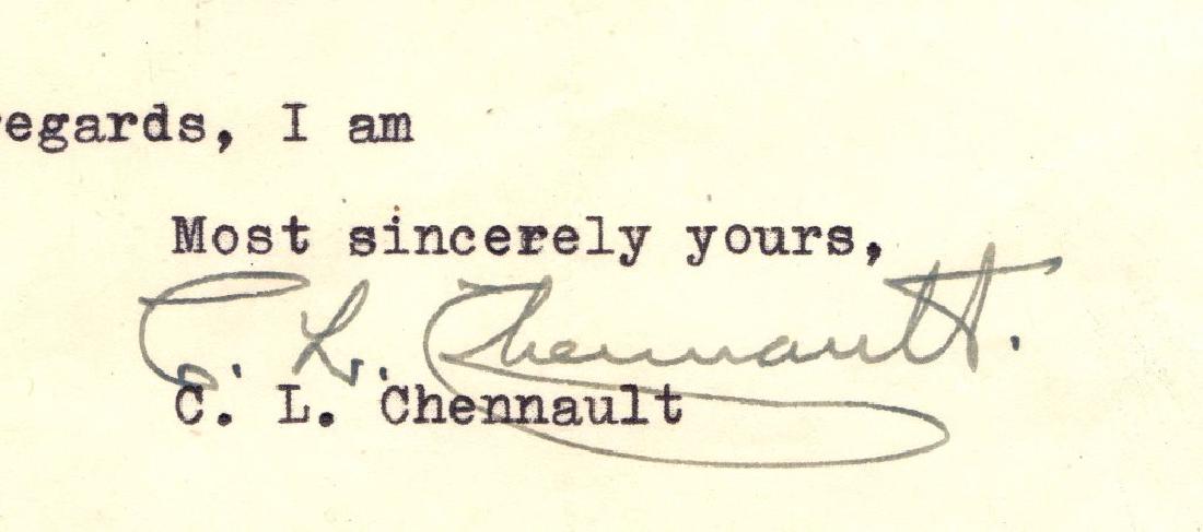 Claire Lee Chennault Signed Typed Letter 1947: Air Force general (1893–1958) who commanded the famous Flying Tigers during World War II. TLS signed “C. L. Chennault,” one page, 8.5 x 11, CNRRA Air Transport letterhead, Sept. 25, 1947. Letter