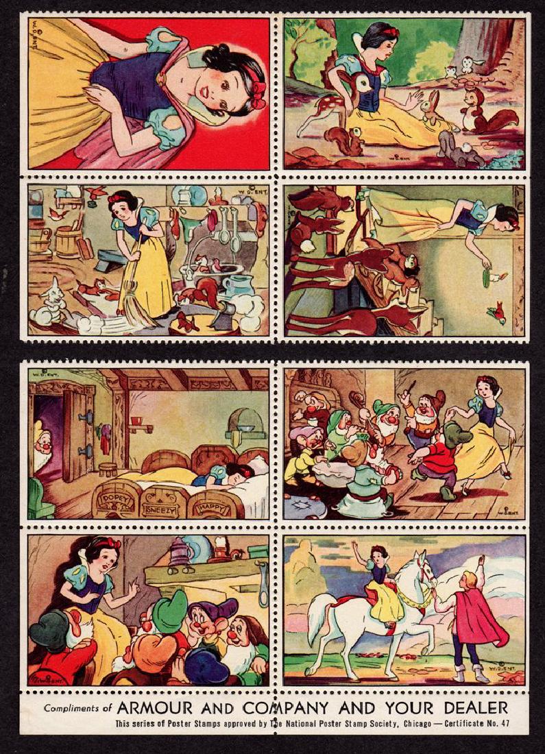 1938 Set of 8 Walt Disney Snow White Poster Stamps: Early set of Walt Disney Snow White and the Seven Dwarfs poster stamps from 1938 in two blocks of 4. One light hinge mark on each block. Fun lo of early Disney that would compliment any Disney collect