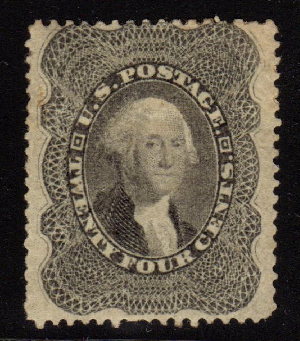 United States Scott 37 F-VF OG H 24¢ Washington: 24¢ gray lilac 1860 Washington issue, Scott 37, Unused with F-VF centering, full original gum with a hinge remnant remaining. Tiny thin caused by hinge removal and some slight toning on gum and a few
