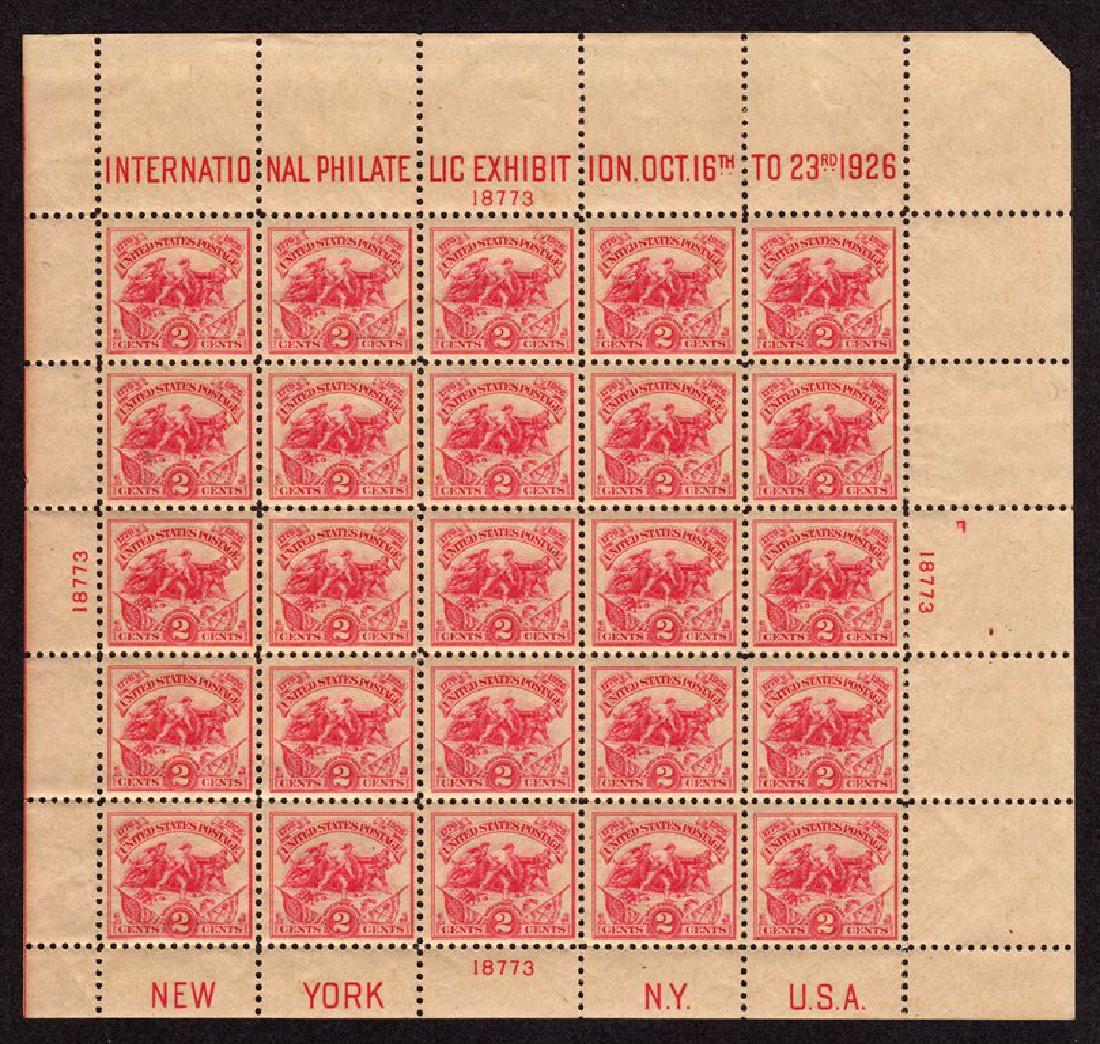 United States Scott 630 VF OG White Plains Sheet: 2¢ carmine rose 1926 White Plains souvenir sheet of 25, Scott 630, Unused with VF centering, full original gum. Some gum glazing along the bottom row keeps this from being NH. Still nice appearing an