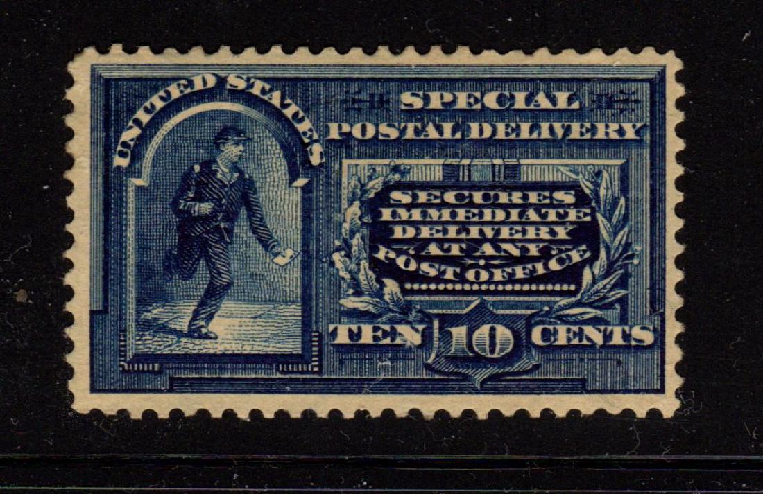 United States Scott E5 VF OG VLH SCV.$210: 10¢ blue 1895 special delivery issue, Scott E5, Unused with VF centering, very lightly hinged (NH?), original gum. Numerous tiny natural gum skips. 2018 SCV. $210 as lightly hinged.